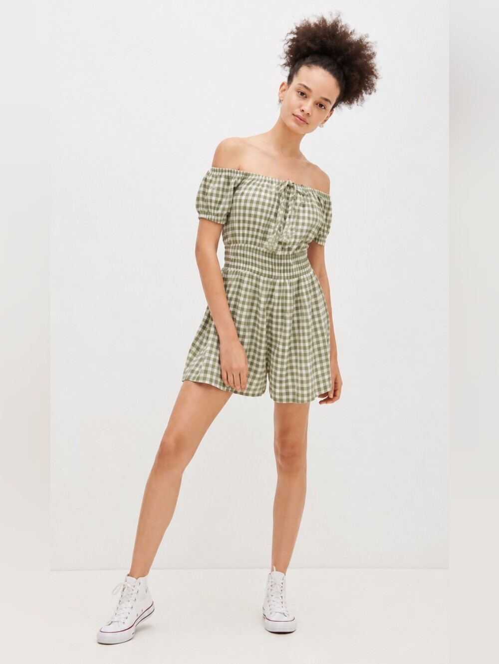American Eagle Outfitters Olive Gingham Off-Shoulder Shorts Romper